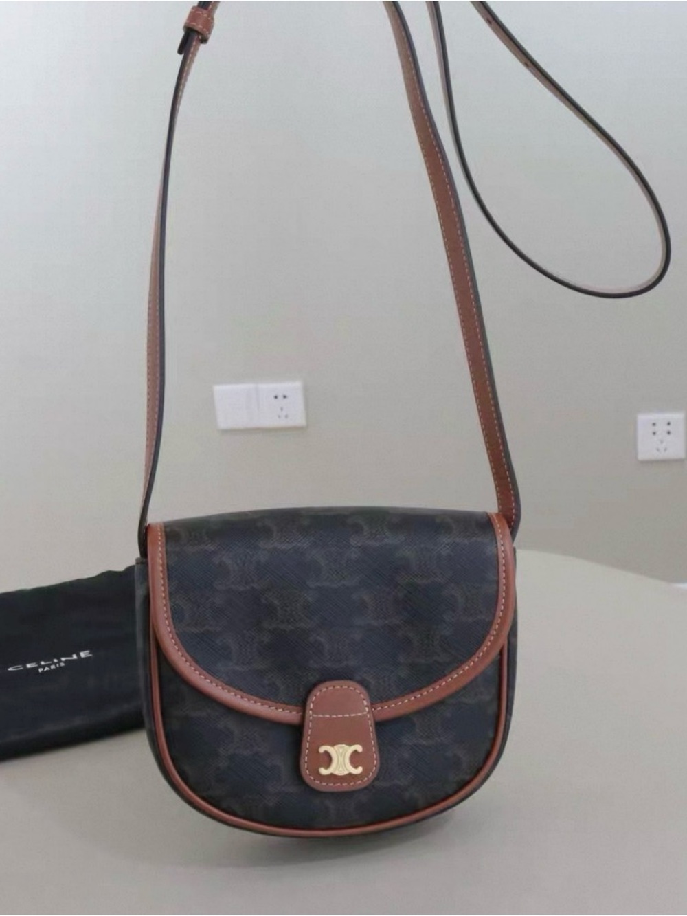 Celine Black Canvas and Brown Leather Trim Crossbody Bag